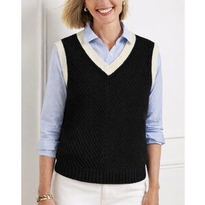 Talbots V Neck Black White Cotton Linen Knit Sweater Vest